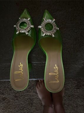 Lulu's Lime Green Patent Jewel-Embellished Pointed Mules
